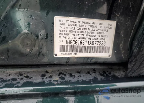 2001 Honda Accord Ex z USA, uszkodzony, nr VIN 1HGCG16511A077233
